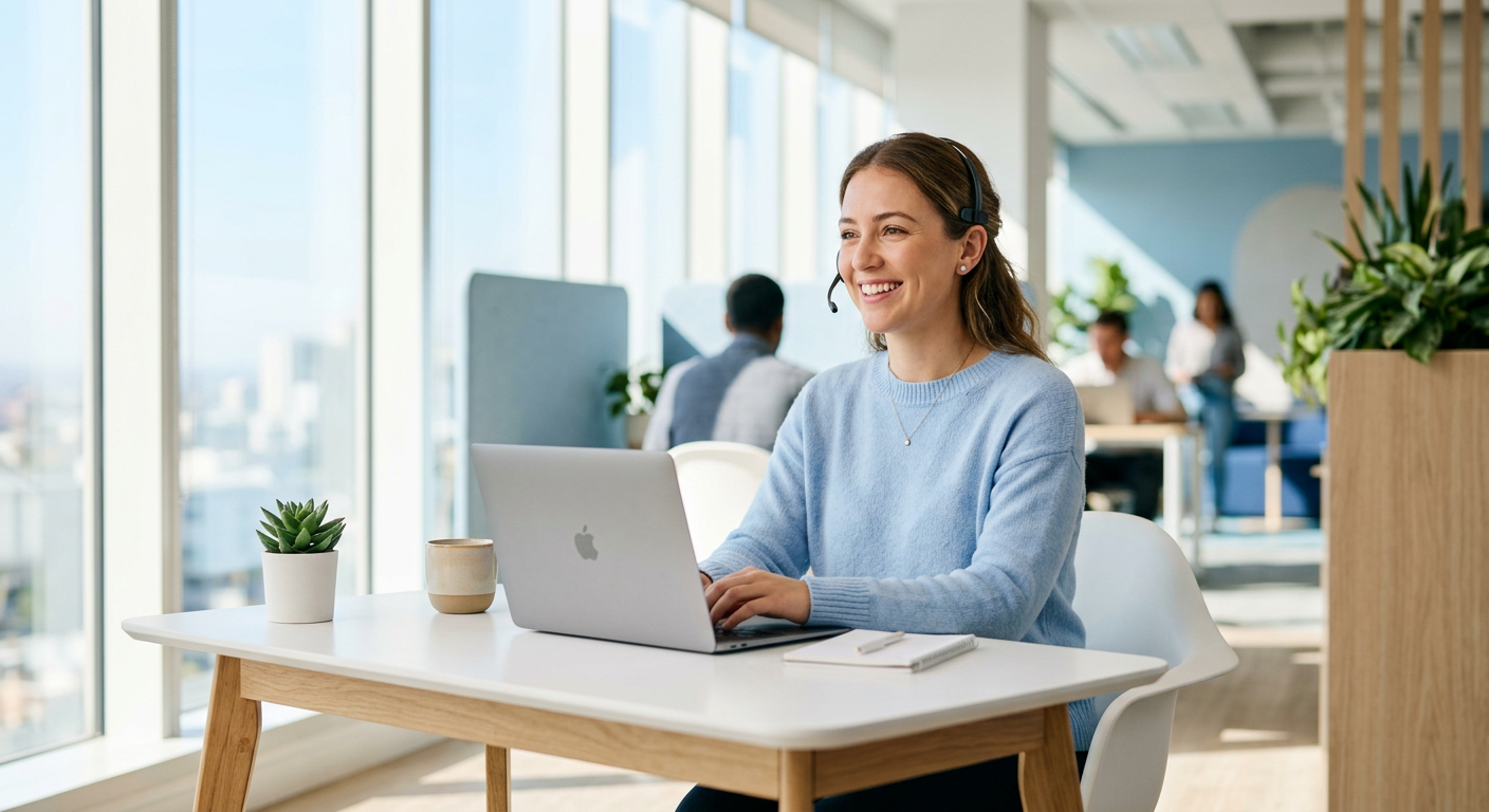 Contact center agent wearing a headset, smiling at a bright desk